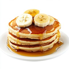 Stack of fluffy pancakes with maple syrup and banana slices, isolated on white background.