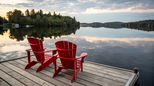 Red adirondack chairs on wooden dock overlooking calm lake at sunset vacation rental photography