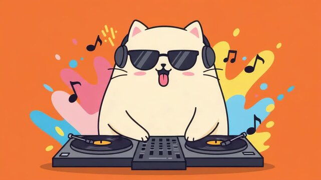 A playful cat showcases its DJ skills while wearing sunglasses and headphones in a lively backdrop