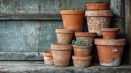 Rustic terracotta plant pots arranged in a stack.