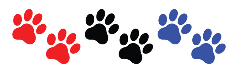 colorful paw prints on white background - red, black, and blue pet footprints aligned in clean row, minimal animal themed vector icon