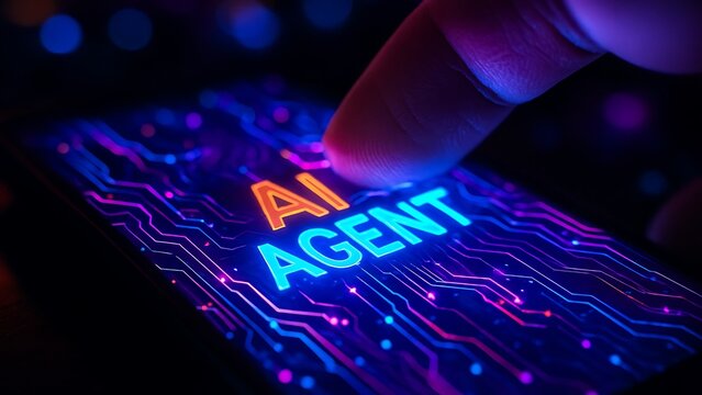 Close up of a finger interacting with a digital screen displaying the words ai agent in glowing neon lights against a dark background with circuit board patterns and bokeh effects
