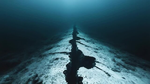 Seafloor cracking and breaking apart, revealing dark underwater abyss with dramatic light rays penetrating deep ocean depths during intense seismic event