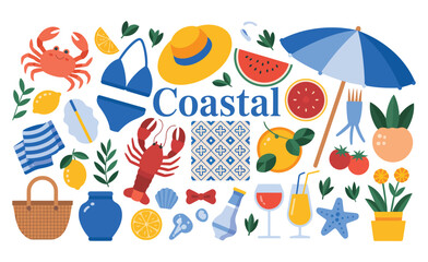 Colorful coastal summer vacation elements including crab, lobster, watermelon, beach umbrella, drinks, swimsuit, and tropical items