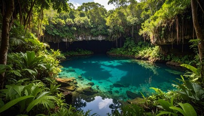 A tropical lagoon surrounded by lush green vegetation and a dark cave entrance
