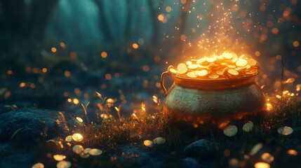 Golden Pot Filled With Coins In A Mystical Forest