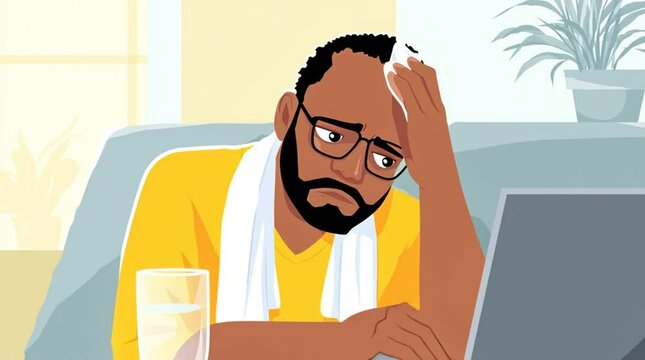 Animation black man working at home remotely on laptop computer while sick
