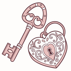 Ornate Heart Lock and Key antique vintage