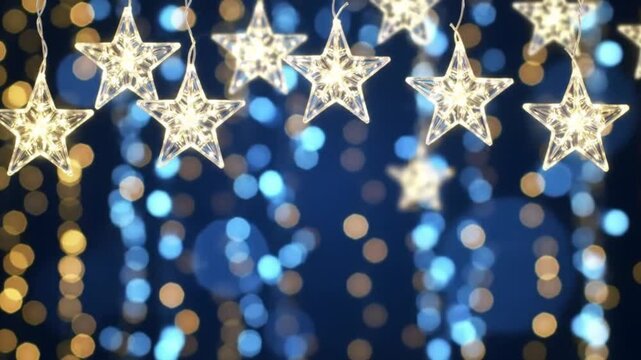 A serene and beautiful animation of gently swaying star-shaped fairy lights glowing with a warm, internal light. Perfect for magical holiday greetings or ambient backgrounds