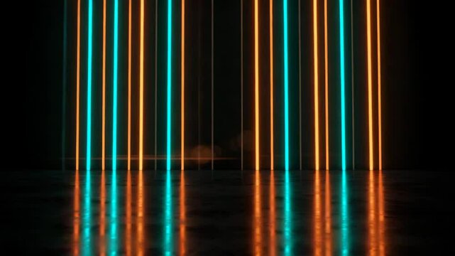 Vibrant blue and orange neon lines glow in the dark, reflecting on a sleek surface