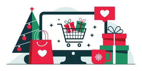 Digital Christmas shopping illustration featuring computer screen, cart, gifts, festive tree, decorations, sale icons, and holiday elements © Zavivec
