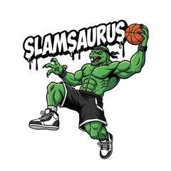 Illustrated Cartoon Saurus Muscle Slam Dunk with Basketball Mascot Character
