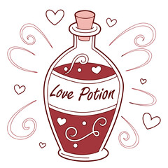 Crimson love potion bottle with swirling hearts and decorative elements liquid swirls