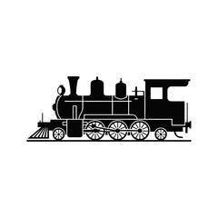 A minimalist silhouette of a vintage train engine, sharp lines, crisp details, isolated on a plain white background
