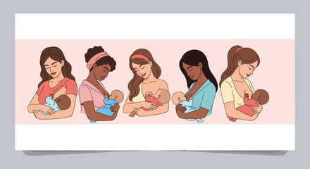 Diverse women breastfeeding their babies for World Breastfeeding Week, with copy space