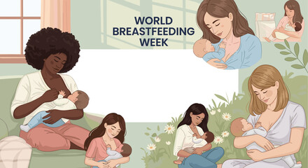 Diverse women breastfeeding babies for World Breastfeeding Week with copy space