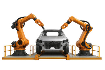 Fototapeta premium Engineering machinery and industry Transparent Background. Robotic Arms Assembling Car Frame in Modern Automotive Manufacturing Facility. PNG die-cut for advertising.