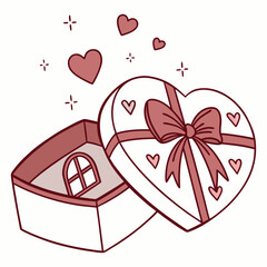 Heart shaped gift box with bow and hearts red bow open box