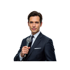 Confident Male Speaker Holding Microphone, Businessman Giving Presentation