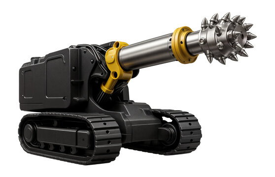 Compact roadheader with a telescopic boom and crawler tracks for narrow underground passages in coal mines.