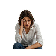 Worried Young Woman Sitting, Hand on Head, Showing Stress and Anxiety