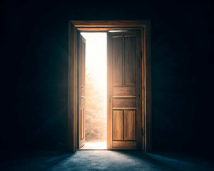 Glowing portal open wooden doorway to another world fantasy