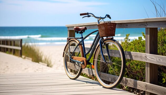 A bicycle with a basket parked on a wooden boardwalk at the beachside view