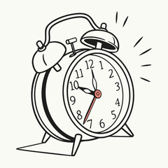 Vintage alarm clock ringing with black outline and red accent time wake up