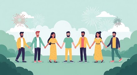 Diverse group of people holding hands together, celebrating with fireworks.