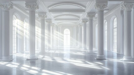 Sunlit, white colonnaded hall