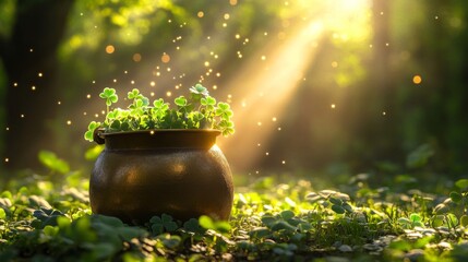Golden Pot Filled With Shamrocks In Sunlight
