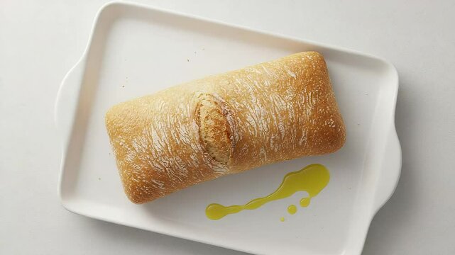 Overhead Shot of a Rectangular Bread Loaf with Golden Crust on a White Rectangular Plate Accompanied by a Drizzle of Olive Oil
