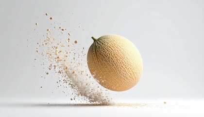A cantaloupe with particles exploding off it against a white background space