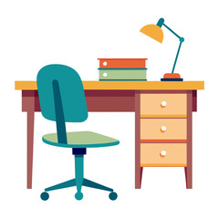 Teal chair and desk with lamp and books office