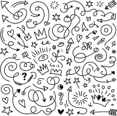Hand-drawn doodle arrows stars hearts crowns and decorative elements in black and white