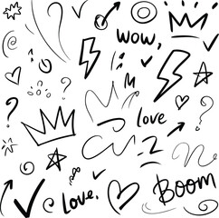 Hand-drawn doodle design elements including crowns hearts stars and various illustrative symbols in black on white.