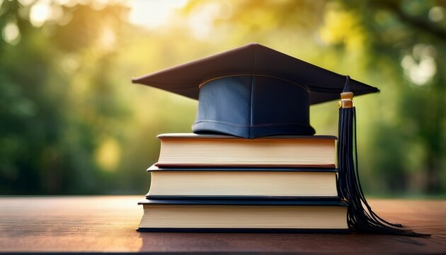 Graduation cap placed on a stack of books against a blurred green background - Powered by Adobe