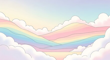 Fototapeta premium Pastel Rainbow Mountains and Clouds Dreamy Landscape Illustration