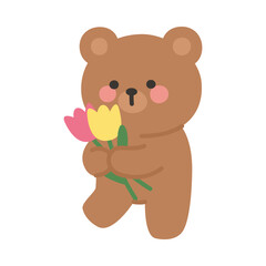 Naklejka premium Cute Brown Bear Walking with Tulips in Hand Vector Illustration
