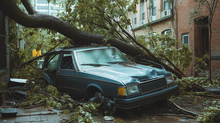 tree fell on a car, tree fell on a parked car, accident, car insurance, generative ai
