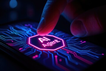 Close up of a human finger activating a glowing neon hexagon with the words ai agent on a futuristic circuit board with blue and pink lights