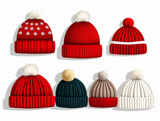 santa hats, knitted beanies, red christmas hats, wool santa hat set ,Set of Red Knitted Santa Hats and Beanies Isolated on White Background