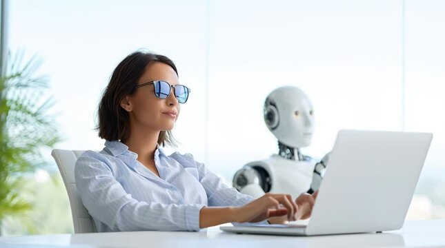 business woman working on laptop with ai robot assistant