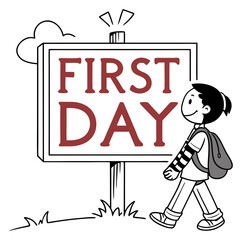 Cheerful child with backpack walks past first day sign school