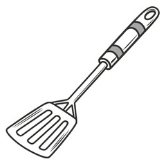 Slotted metal spatula with grey handle detail kitchen utensil cooking tool