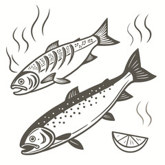 Two salmon fish with steam and lemon slice seafood cooking