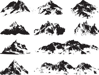 mountain silhouette or vintage hill natural landscape elements for climbing or hiking vector icon. Rocky peaks black and white Mountains ranges.