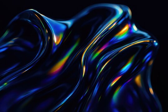 Abstract iridescent dark blue liquid surface with flowing waves and vibrant rainbow light reflections on a deep black background