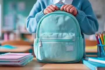 Child's hands packing green backpack, school desk, natural light