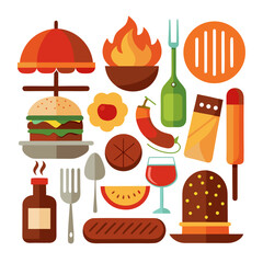 Barbecue food and drink assortment with fire and utensils grill burger